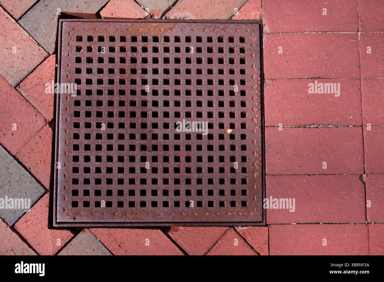 Griglia di drenaggio in metallo con finitrici per mattoni Foto Stock