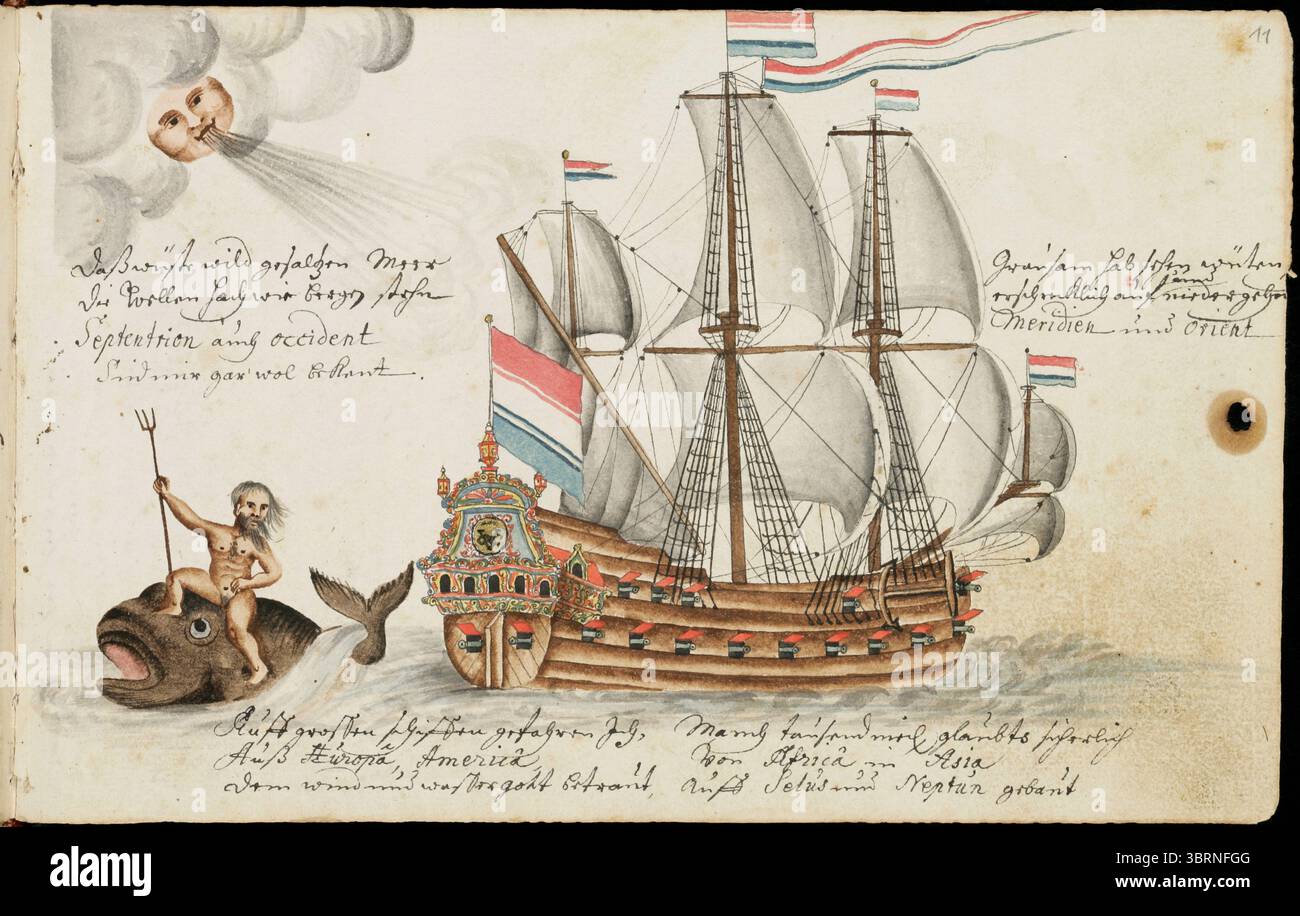 Illustrazione della nave Gouda, da "Reise nach Batavia", un diario di viaggio illustrato dal viaggiatore alsaziano Georg Franz Müller, che descrive il suo viaggio in Sud Africa e Indonesia e il suo soggiorno lì (1669-1682) ai servizi della compagnia olandese delle Indie Orientali. Nel libro di viaggio, illustrò persone, animali e piante che incontrò durante il suo viaggio e compose anche semplici versi su di loro. Foto Stock