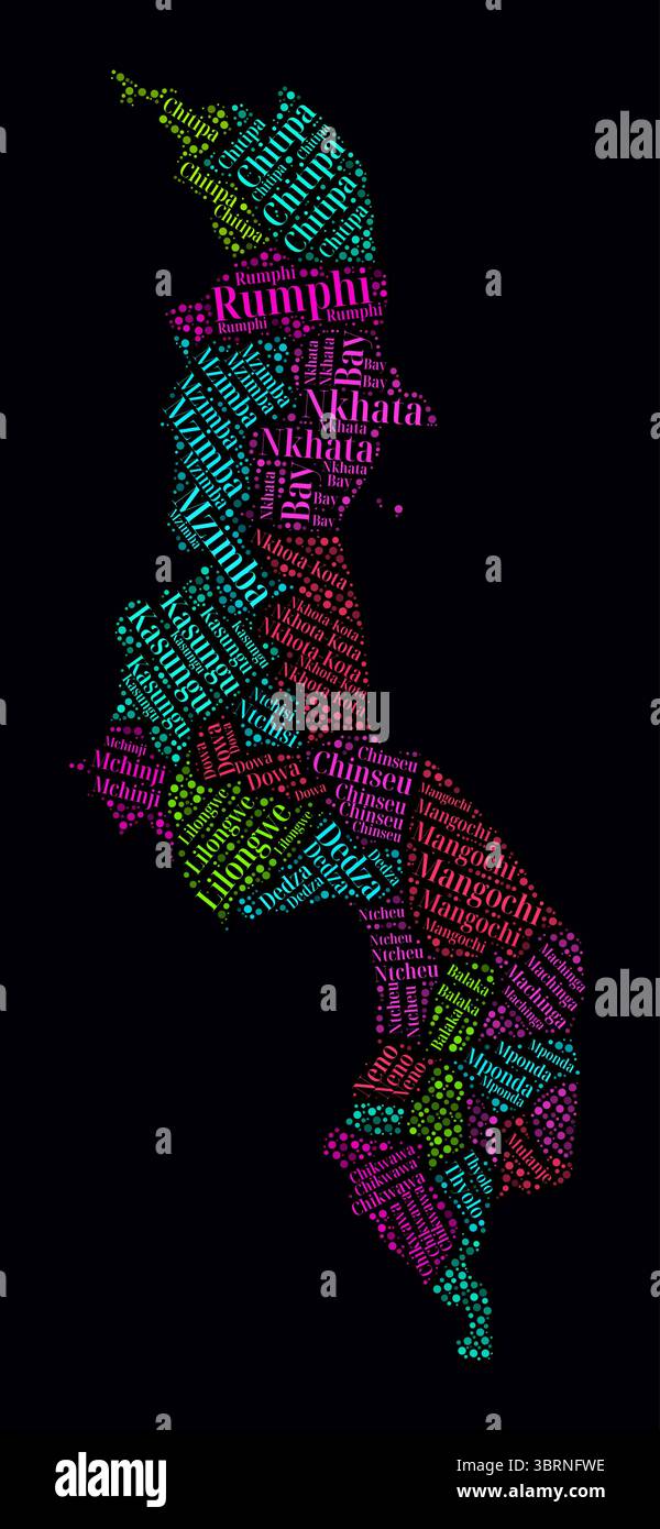 Malawi Word Cloud. Nomi delle regioni del paese in lingua inglese. Design luminoso in stile neon su sfondo scuro. Illustrazione Vettoriale