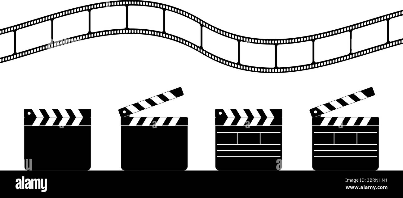 Pannelli di protezione e striscia di pellicola ondulata isolati su sfondo bianco. Sagome a clapboard chiuse e aperte. Oggetti di settore cinematografico o televisivo. Illustrazione grafica vettoriale. Illustrazione Vettoriale