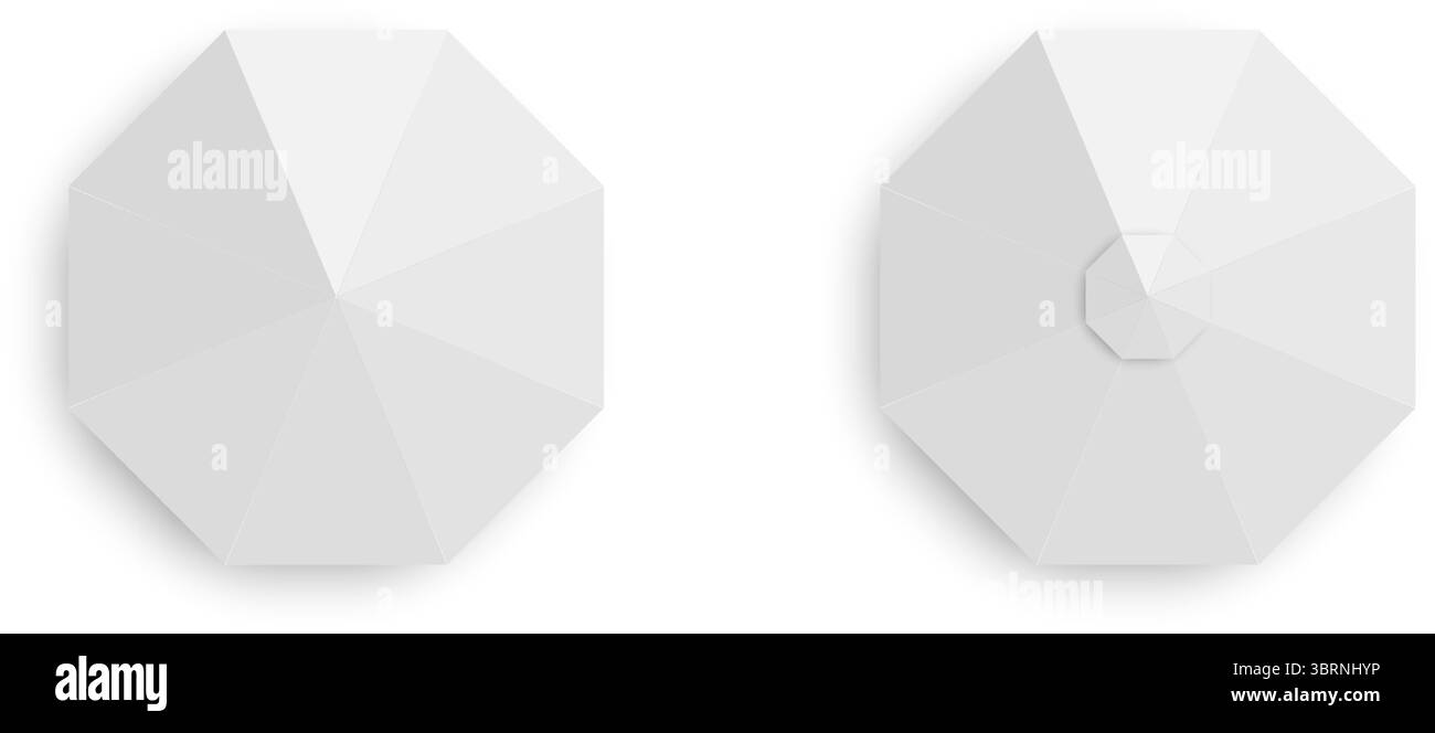 Vista dall'alto delle tende da sole. Ombrellone gazebo a forma di ottagono. Ombrelloni per eventi o spiagge con ombre. Tende parasole. Modelli di tettoia del mercato isolati su sfondo bianco. Illustrazione realistica vettoriale. Illustrazione Vettoriale