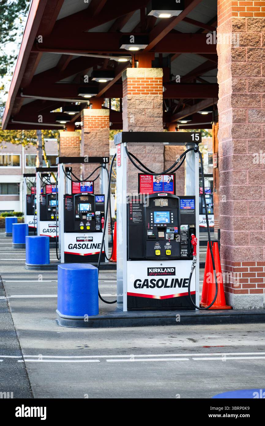 Issaquah, WA, Stati Uniti d'America - 19 gennaio 2025; fila di pompe di benzina a marchio Costco Kirkland Signature presso la stazione di servizio aziendale Foto Stock