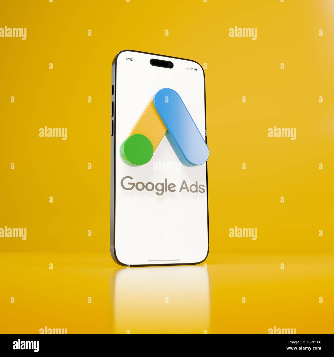 Logo Google Ads sullo schermo dell'iPhone. Il logo AdWords viene visualizzato sul display del telefono cellulare. Rendering 3D. Sfondo giallo, formato quadrato. Foto Stock