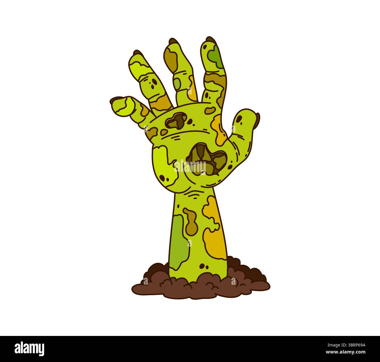 Cartoon Groovy Halloween zombie Hand Holiday horror night, simbolo vettoriale. Una mano di zombie che si allontana dalla tomba o dalla tomba del cimitero con pelle marcio e ossa per spaventosi mostri di boo di Halloween Illustrazione Vettoriale