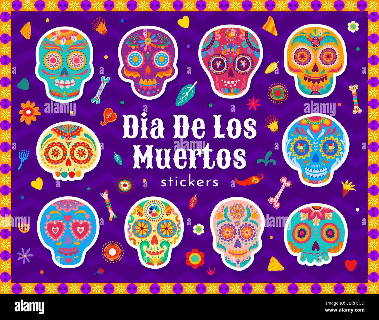 Il giorno del morto Sugar calavera scheletro teschio, confezione di adesivi, set vettoriale di cartoni animati. festa messicana fiesta dia De Los Muertos adesivi di teschi di calavera con fiori di calendula e ornamento di peperoncino Illustrazione Vettoriale