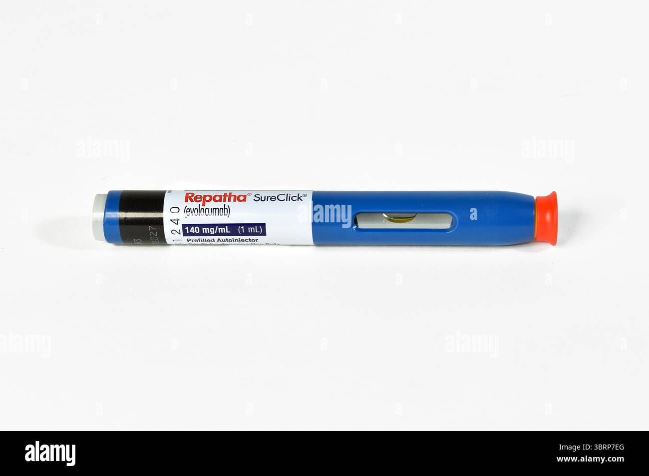 Confezione e penna per iniezione per il farmaco da prescrizione Repatha (Evolocumab), un farmaco iniettabile per controllare il colesterolo alto. Foto Stock
