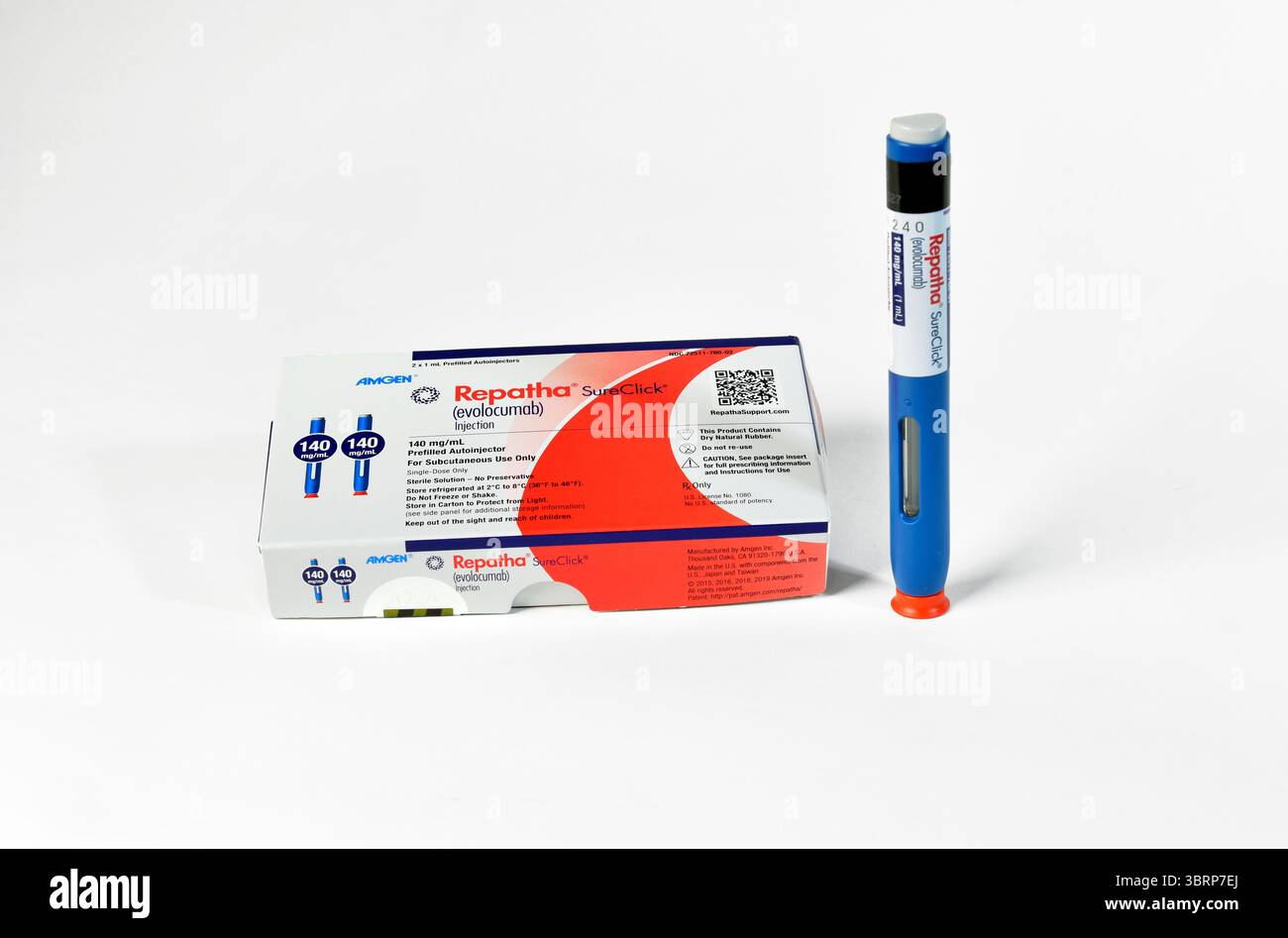 Confezione per il farmaco da prescrizione Repatha (Evolocumab), un farmaco iniettabile per controllare il colesterolo alto. Foto Stock