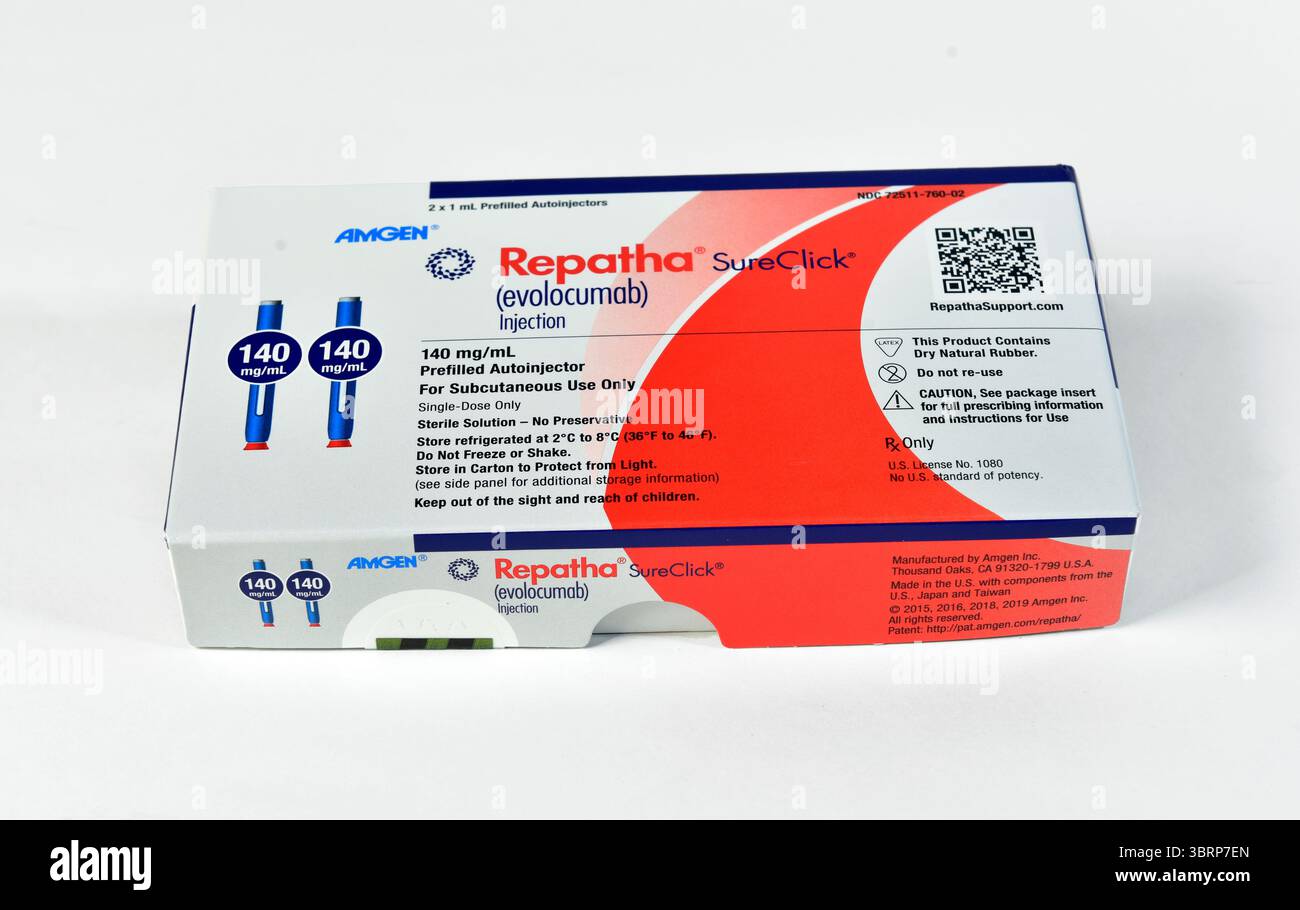 Confezione per il farmaco da prescrizione Repatha (Evolocumab), un farmaco iniettabile per controllare il colesterolo alto. Foto Stock