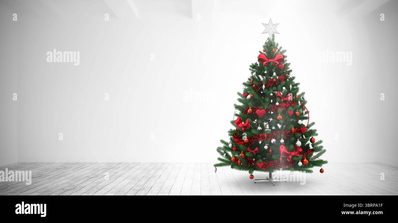 L'illustrazione piatta mostra l'albero di Natale in piedi in una stanza bianca, con archi rossi e stella d'argento Foto Stock