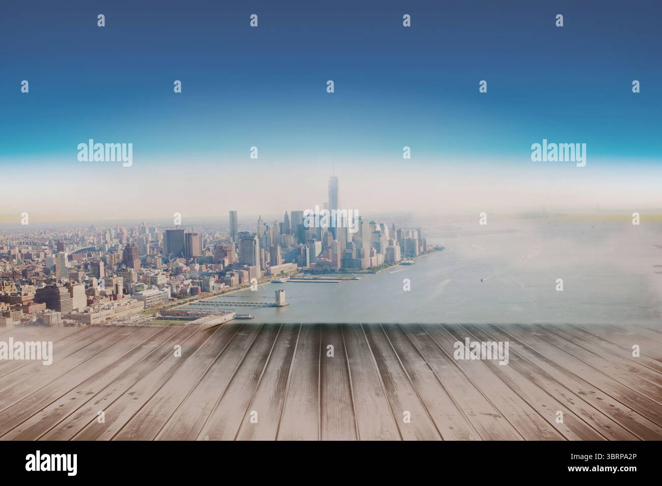 Lo skyline della città e la vista del fiume appaiono su un ponte di legno dal design piatto, con grattacieli Foto Stock