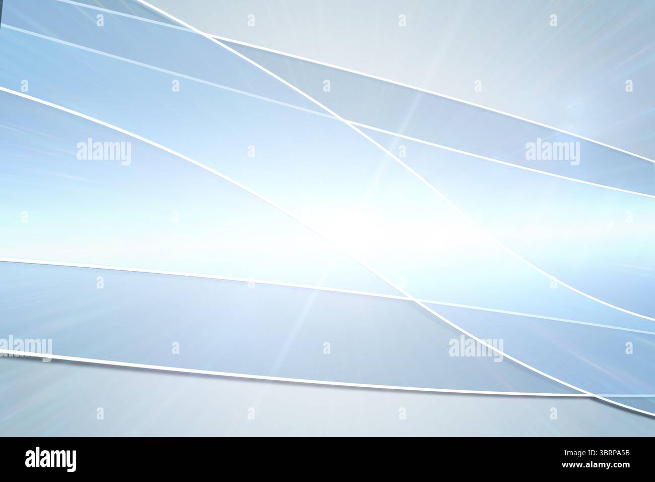 Il design vettoriale astratto è caratterizzato da uno scatto di luce centrale e da linee bianche curve su sfumatura blu Foto Stock