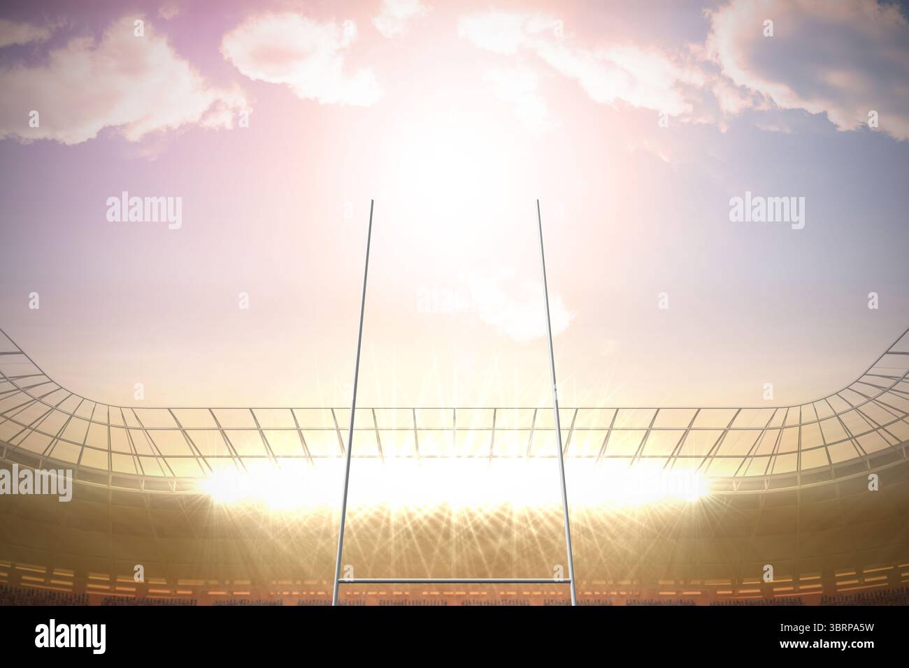 La vista dello stadio dal design piatto mostra pali d'ingresso con proiettori, piedistalli vuoti, tetto in metallo curvo Foto Stock