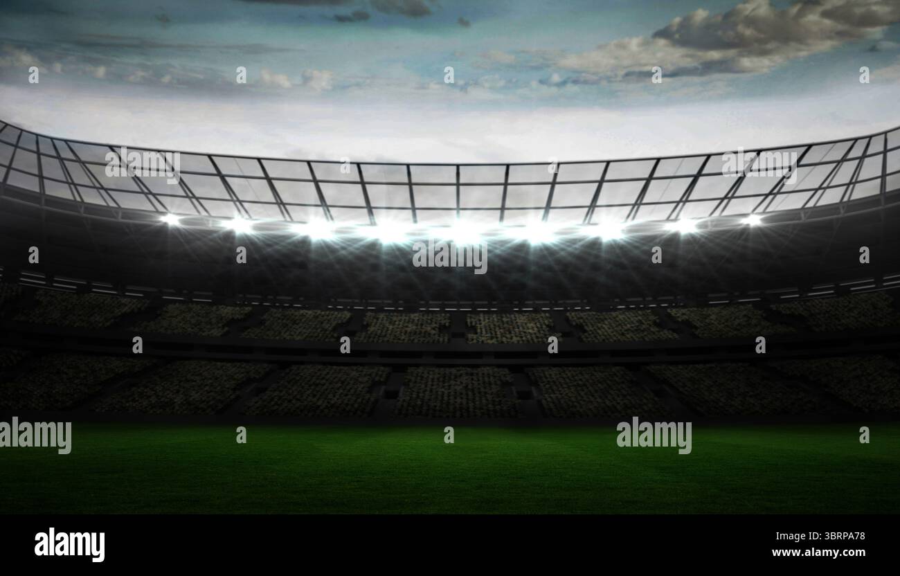 Lo stadio vuoto mostra i riflettori illuminati del campo in erba e i posti a sedere su uno sfondo piatto e trasparente Foto Stock