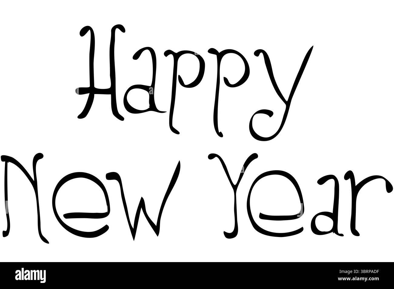 Il testo decorativo nero corsivo Happy New Year viene visualizzato su sfondo piatto e spazio di copia Foto Stock