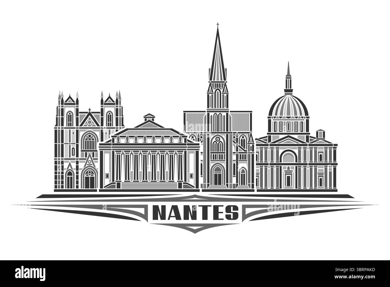 Illustrazione vettoriale di Nantes, scheda orizzontale monocromatica con design lineare paesaggio storico di nantes, concetto di arte in linea urbana con lett decorativa Illustrazione Vettoriale
