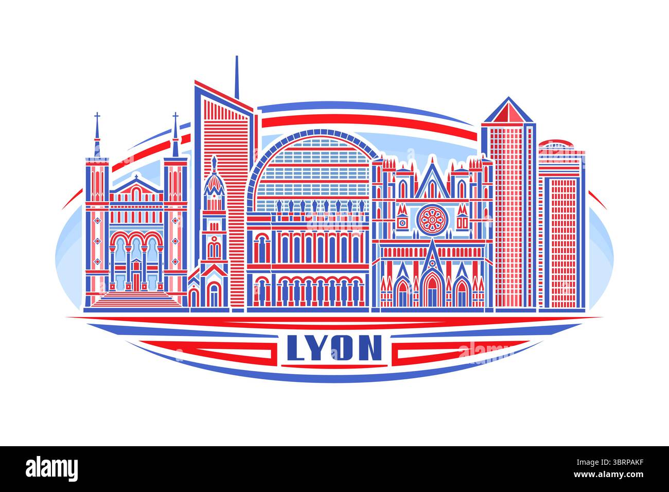 Illustrazione vettoriale di Lione, segno decorativo orizzontale con design lineare famoso paesaggio della città di lione sullo sfondo del cielo, linea urbana patriottica art conc Illustrazione Vettoriale