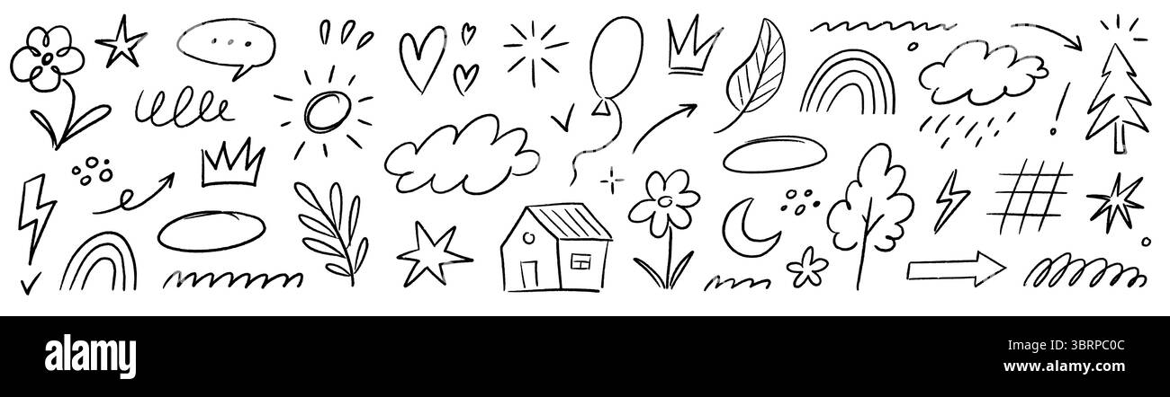 Set di schizzi a matita di pastello con gesso. Freccia per bambini disegnata a mano, nuvola, elemento pastello per bambini con fiori. Cuore di gesso infantile, motivo a matita pastello, stile schizzo. Illustrazione vettoriale Illustrazione Vettoriale