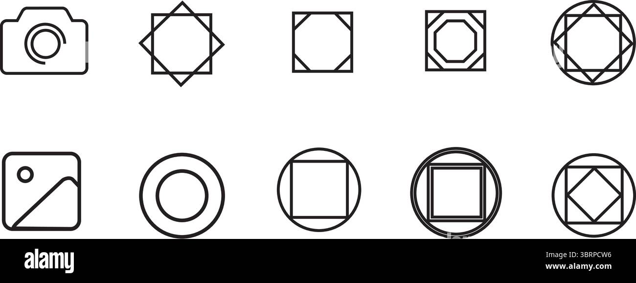 Set di icone della videocamera e geometriche – simboli minimi della grafica della linea per UI e supporti Illustrazione Vettoriale