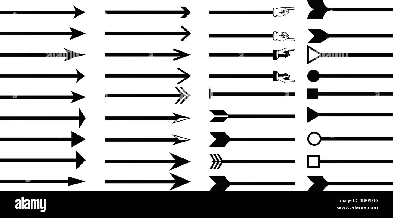 Set vettoriale freccia nera con vari stili e direzioni, insieme icone e simboli Illustrazione Vettoriale