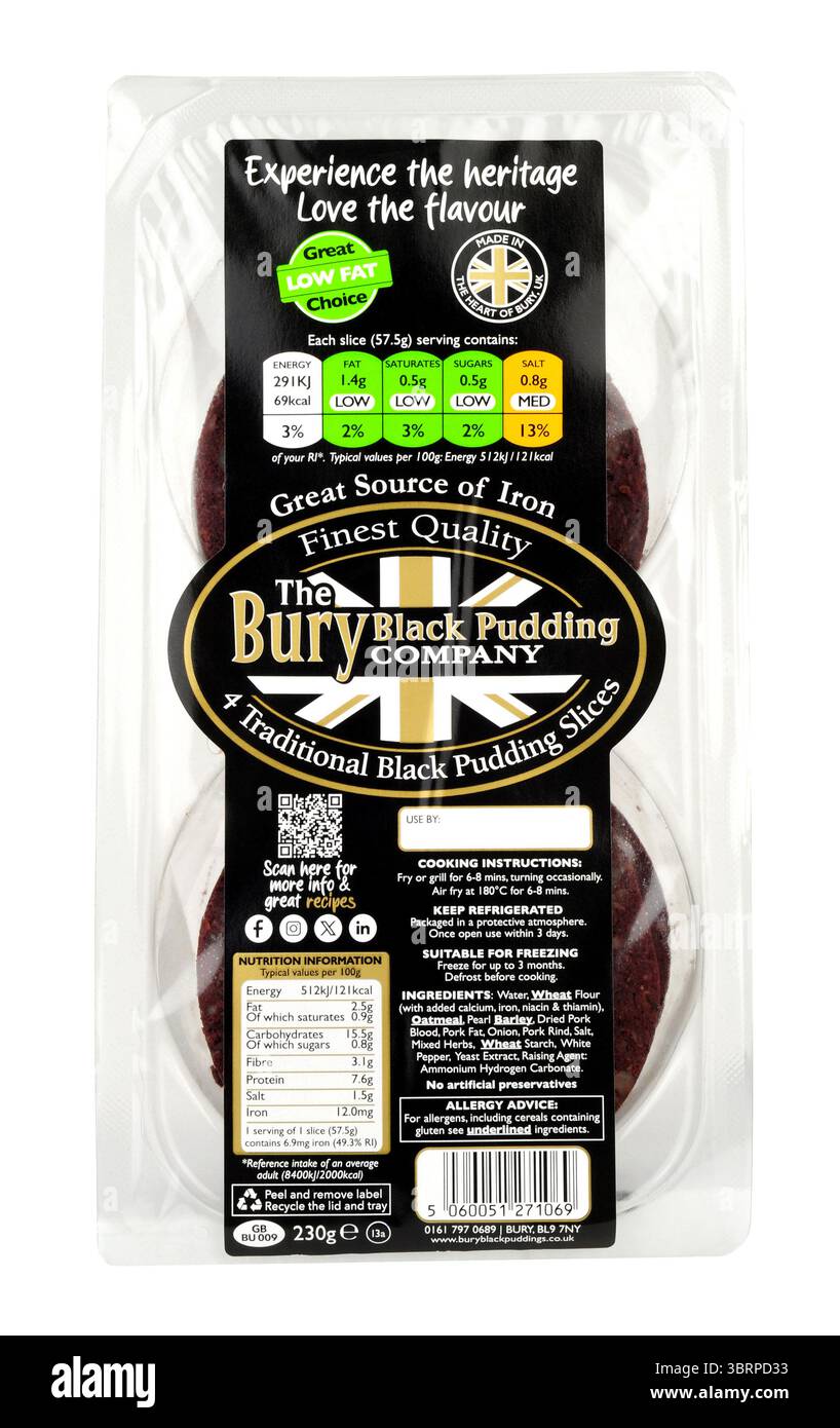 La Bury Black pudding Company offre le migliori fette di budino nero tradizionale in una confezione da 230 g contenente quattro fette Foto Stock