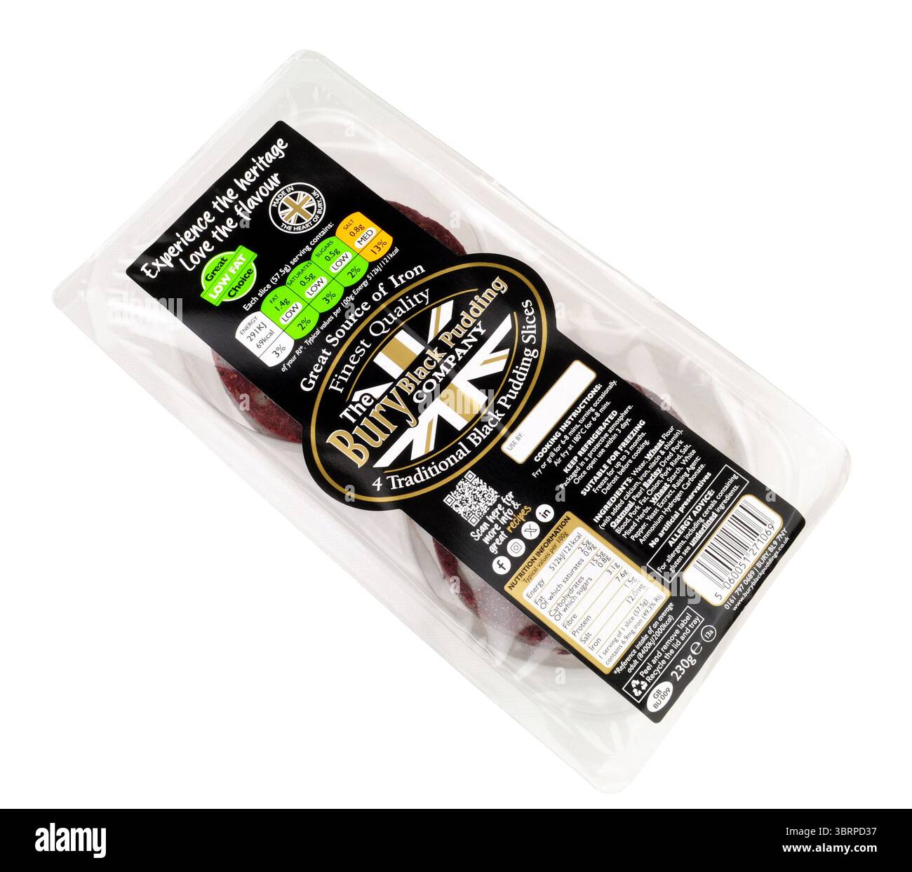 La Bury Black pudding Company offre le migliori fette di budino nero tradizionale in una confezione da 230 g contenente quattro fette Foto Stock