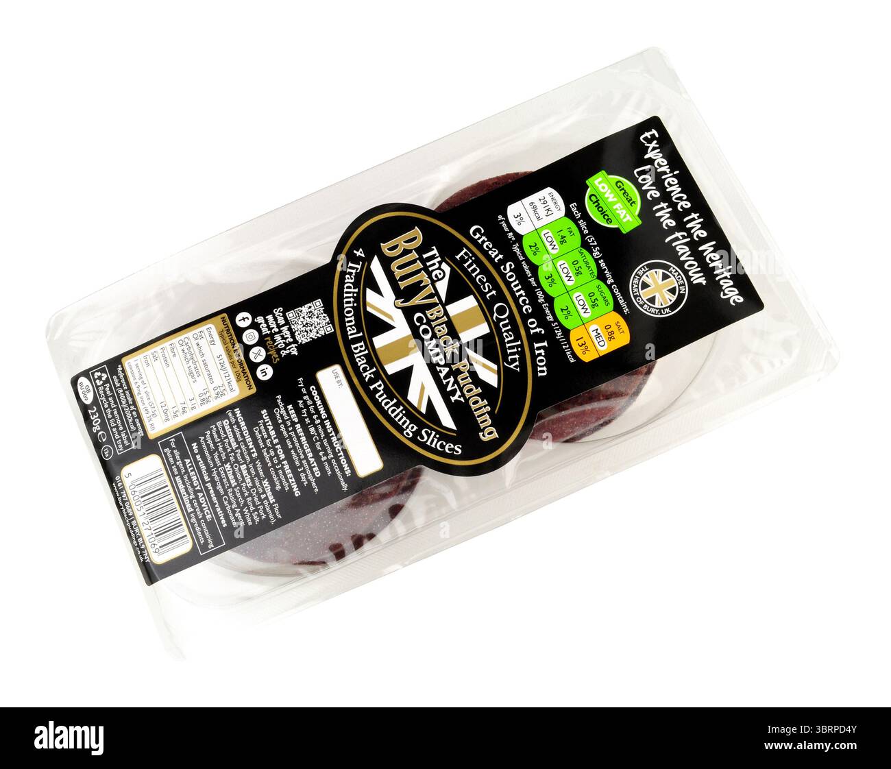 La Bury Black pudding Company offre le migliori fette di budino nero tradizionale in una confezione da 230 g contenente quattro fette Foto Stock