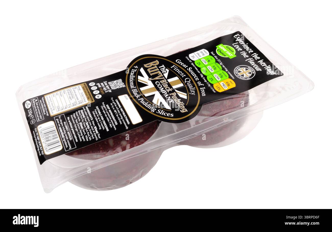 La Bury Black pudding Company offre le migliori fette di budino nero tradizionale in una confezione da 230 g contenente quattro fette Foto Stock