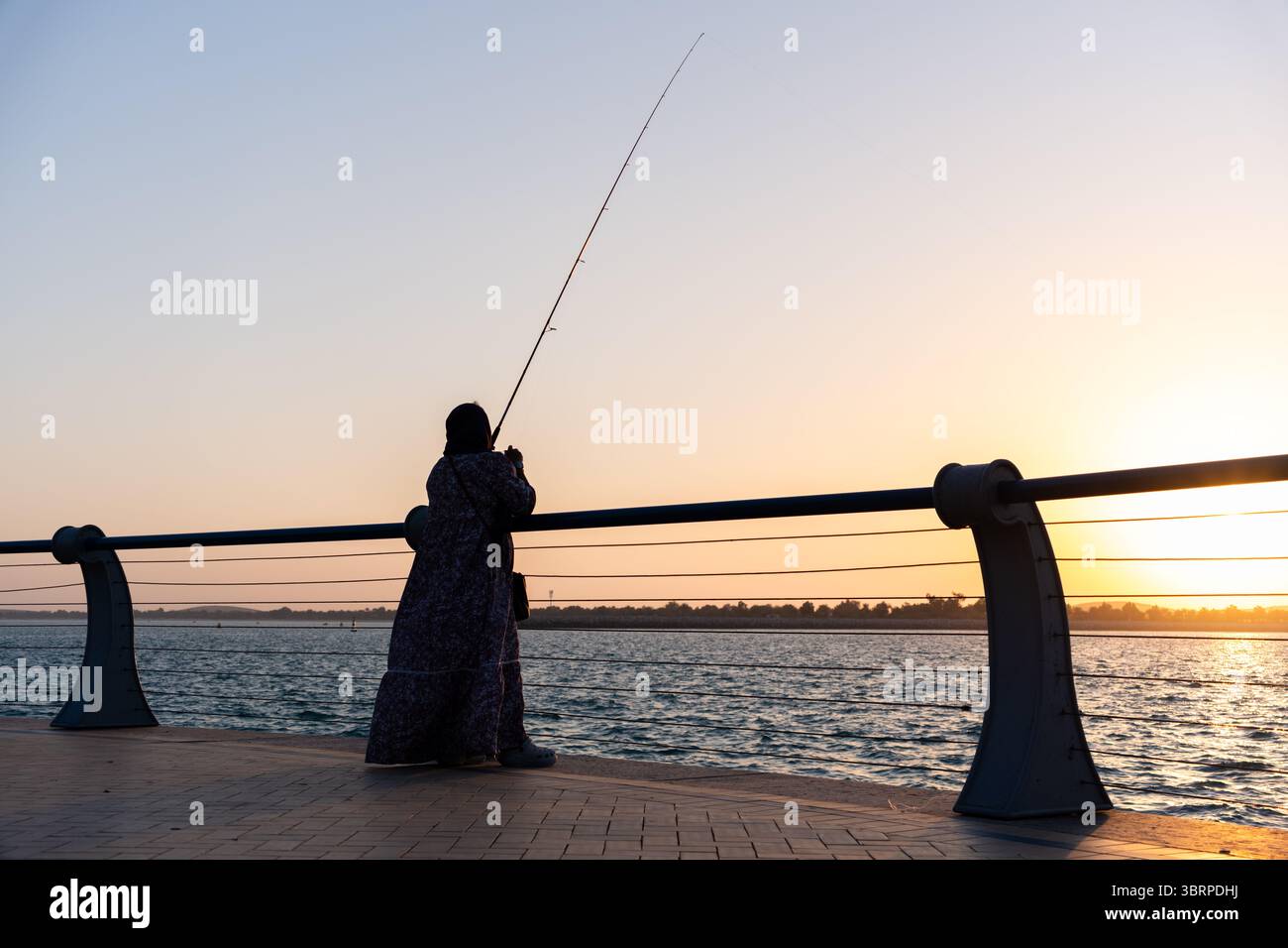 silhouette di una donna che pesca in mare Foto Stock