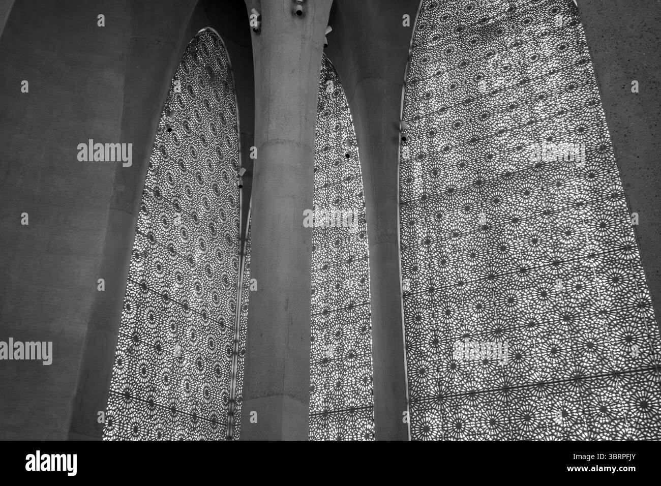 Arcate a motivi complessi in bianco e nero, con disegni geometrici dettagliati che coprono le superfici. Nessuna persona visibile. Foto Stock