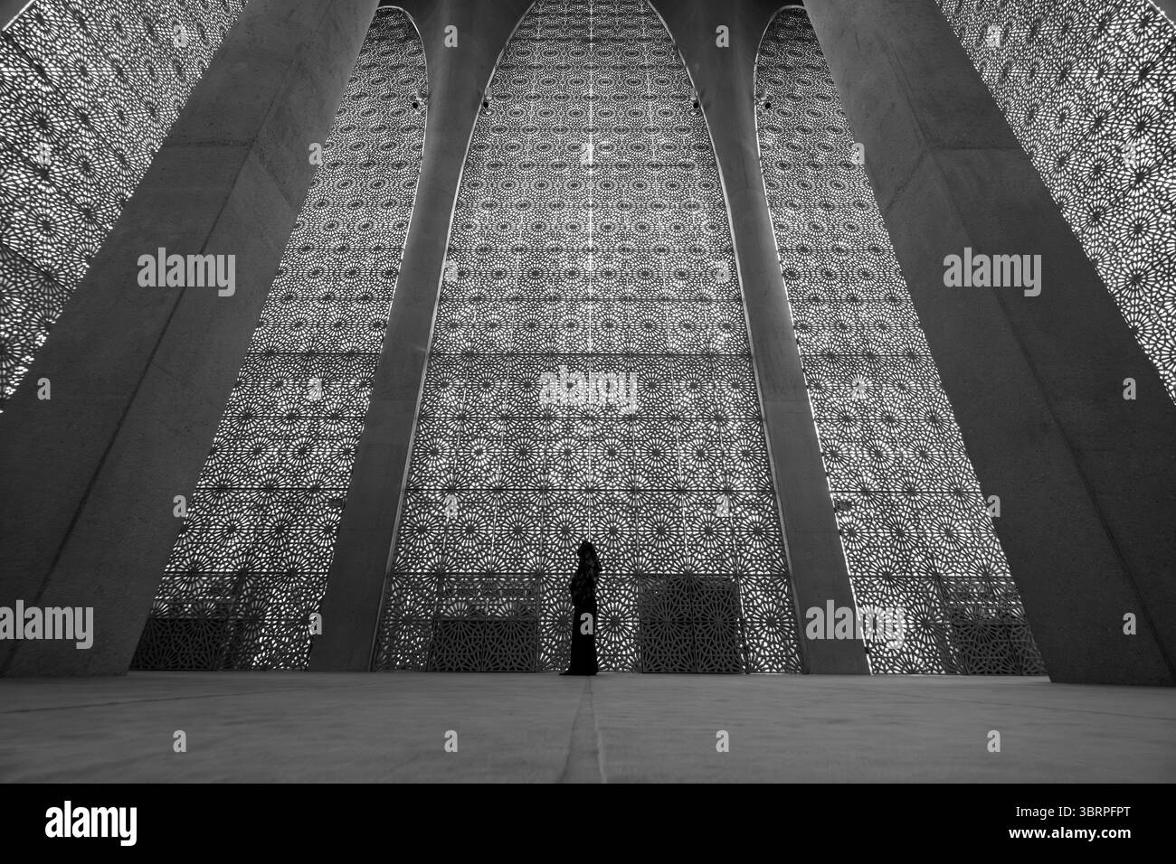 Una donna con un abbigliamento tradizionale si erge in un'ampia sala decorata con intricati motivi geometrici su pareti torreggianti, fotografie interne in bianco e nero Foto Stock