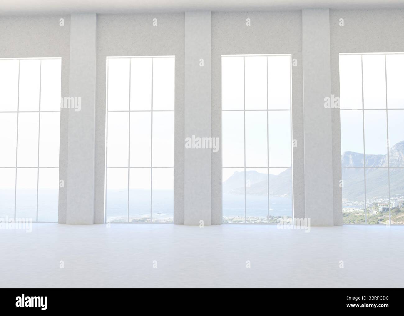 La sala dal design piatto presenta pavimento in pietra pallida e finestre da pavimento a soffitto con vista sulla costa Foto Stock