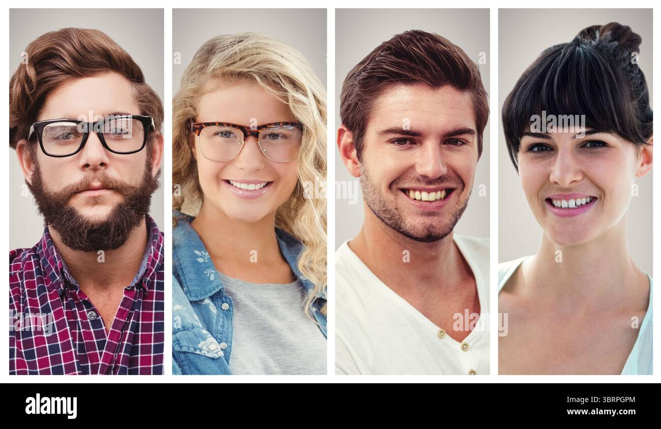 Quattro colpi alla testa con occhiali vengono mostrati in collage vettoriale piatto su sfondo grigio, spazio di copia Foto Stock