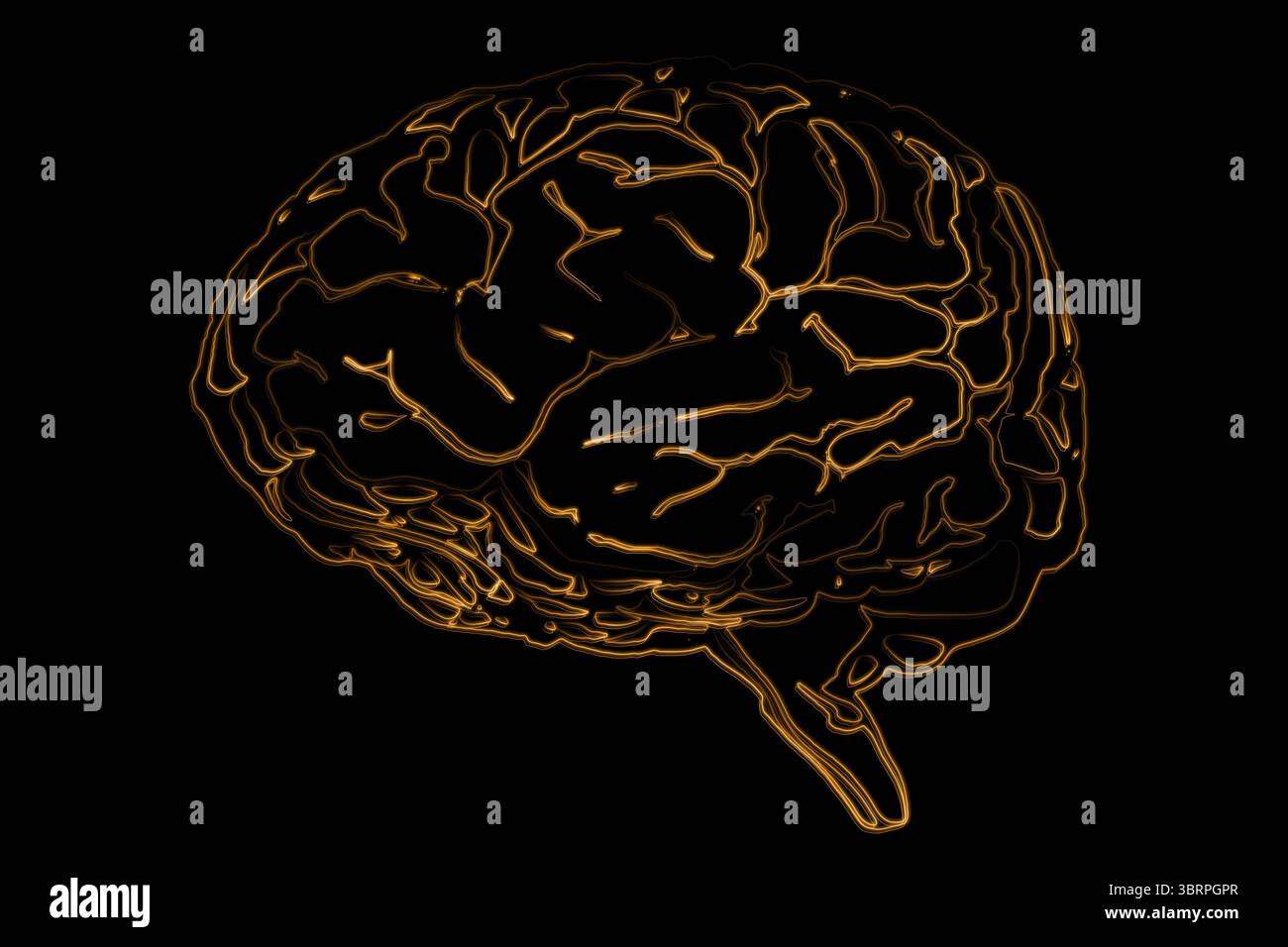 Il rendering digitale stilizzato mostra un cervello a reticolo dorato brillante su uno sfondo nero pieno Foto Stock