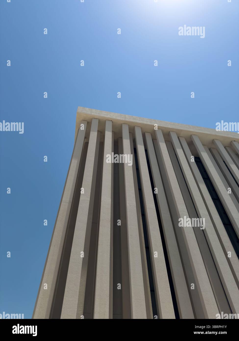 Edificio contemporaneo con colonne verticali e struttura scultorea, architettura istituzionale su larga scala, fotografia con cielo blu, spazio vuoto Foto Stock