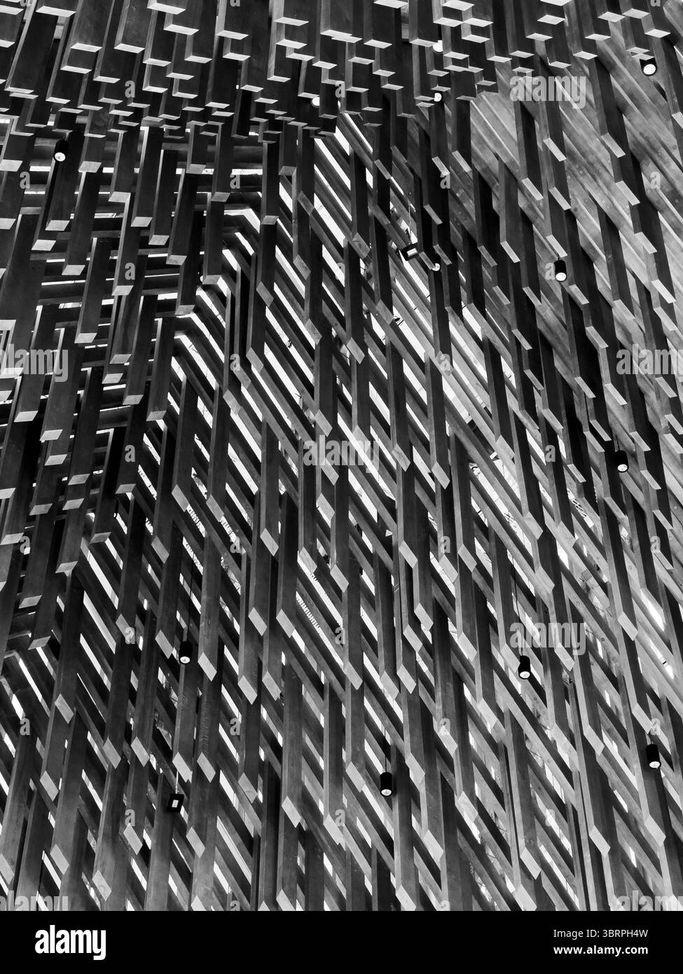 Sfondo architettonico astratto in bianco e nero con travi a griglia sul soffitto, motivi di luce e ombra, architettura dinamica e futuristica di Dubai Foto Stock