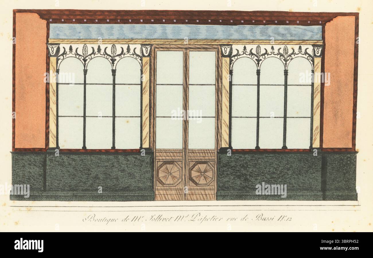 Negozio del mercante di carta Jollivet, era napoleonica. La famiglia Jollivet vendette carta, inchiostri, portafogli e cancelleria a questo indirizzo dagli anni '1700 in poi. Boutique de M. Jollivet, papetier marchand, 12 rue de Bussi. Litografia di pocoro a mano (stencil) dopo un'incisione di Jean-Marie Mixelle dalle boutique di Hector Lefuel Parisiennes du Premier Empire, Parisian Stores of the First Empire, Morance, Parigi, 1925. Foto Stock
