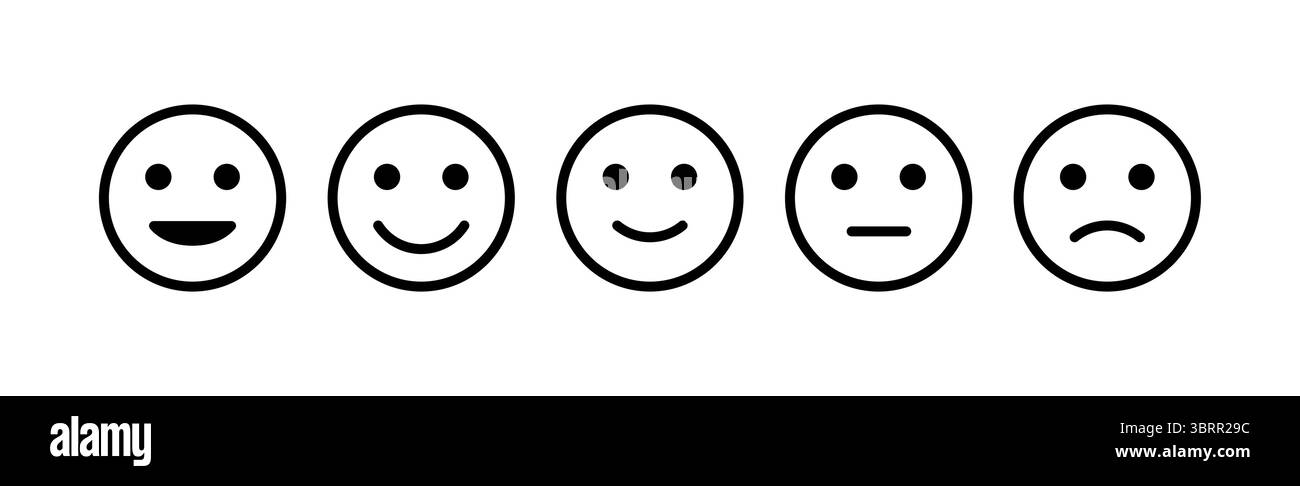Set di icone colorate che mostrano l'umore da triste a felice, rappresentando la scala di feedback isolata su sfondo bianco per la valutazione e il design UX Illustrazione Vettoriale