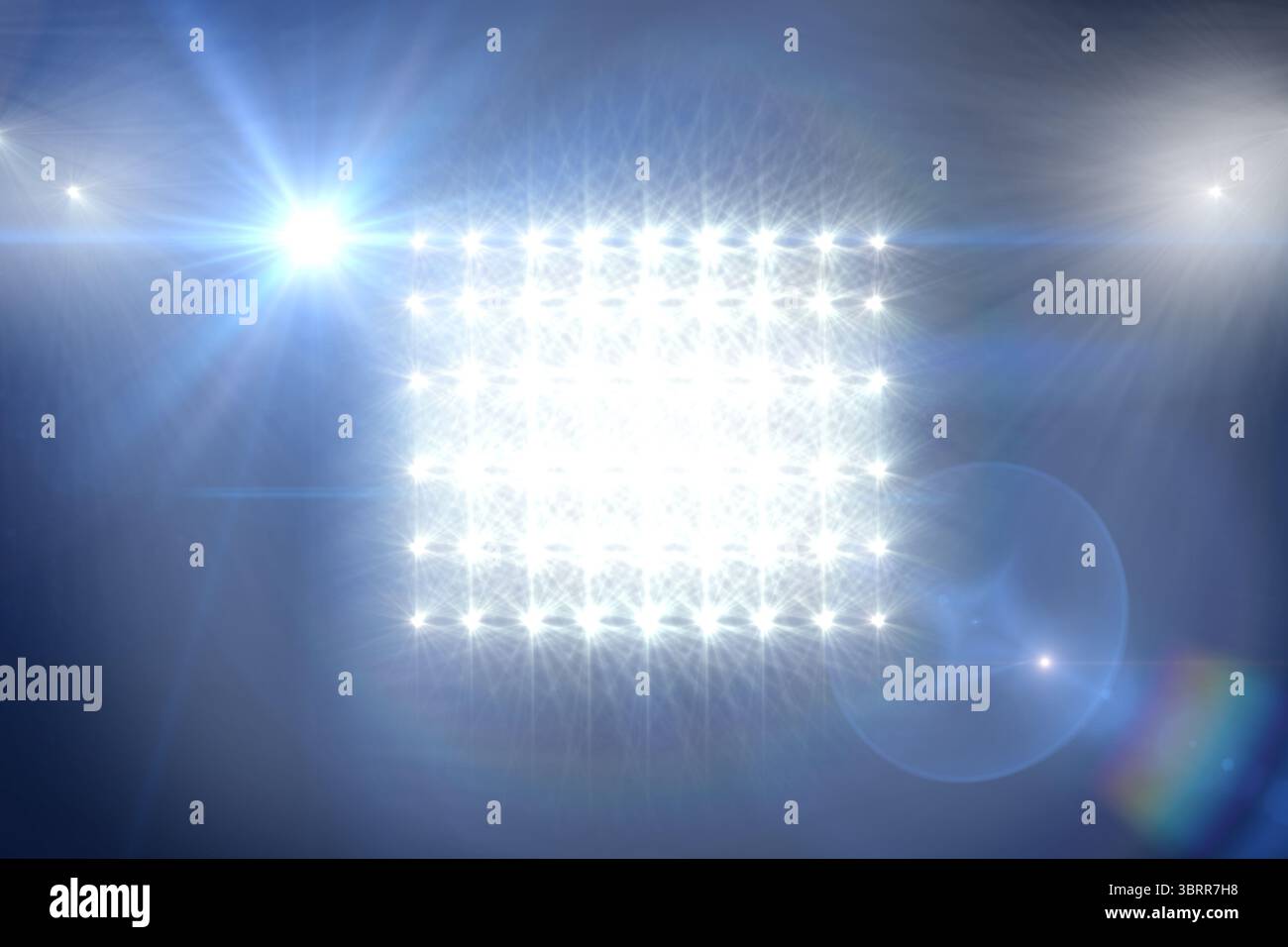 Il pannello rettangolare del proiettore a LED risplende in un'illustrazione a tavolino piatto, creando brillamenti della lente bluastri Foto Stock