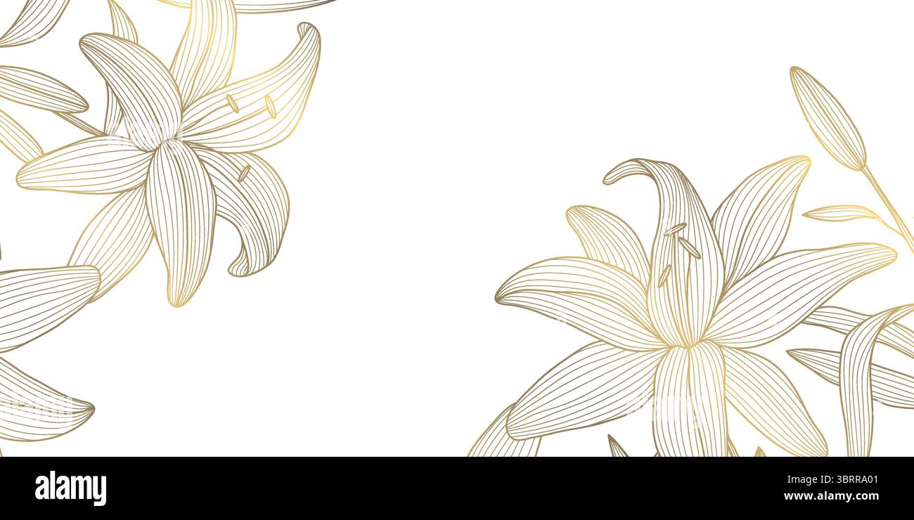 Sfondo linea oro fiore vettoriale, spigoli fiori primavera pianta, foglie cornice giglio floreale. Confine orientale cinese e giapponese con la natura. Illustrazione Vettoriale