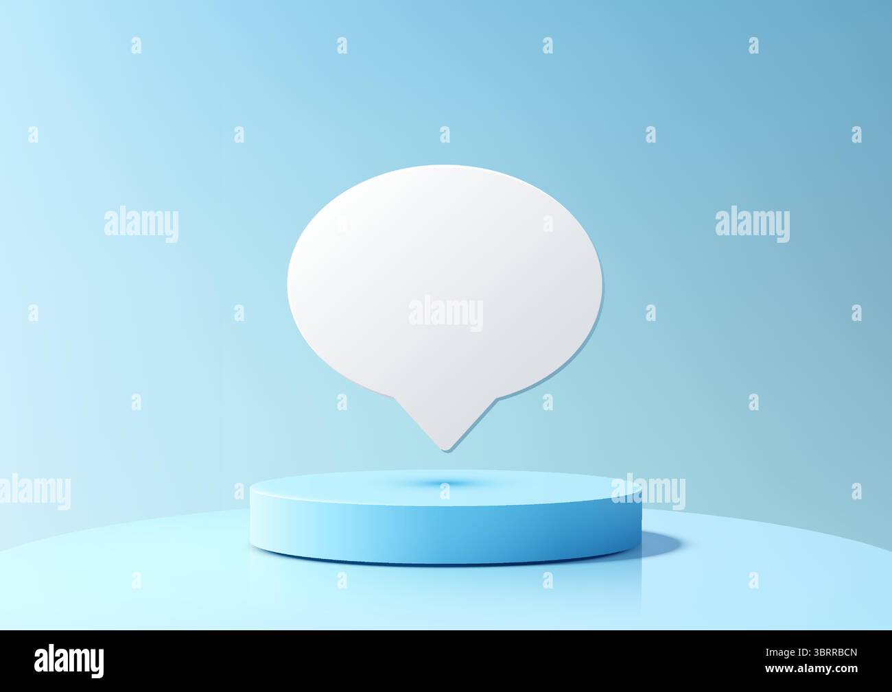 Moderno podio 3D azzurro con bolla vocale bianca fluttuante in una scena di studio gradiente, progettato per espositori di prodotti, mockup e branding vi puliti Illustrazione Vettoriale