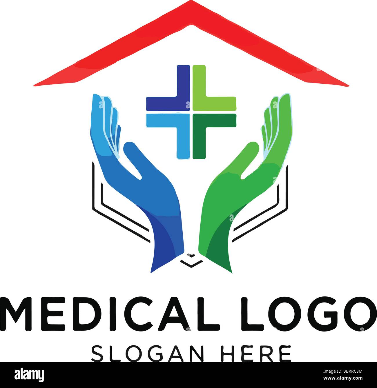 Logo medico con mani e segno più Illustrazione Vettoriale