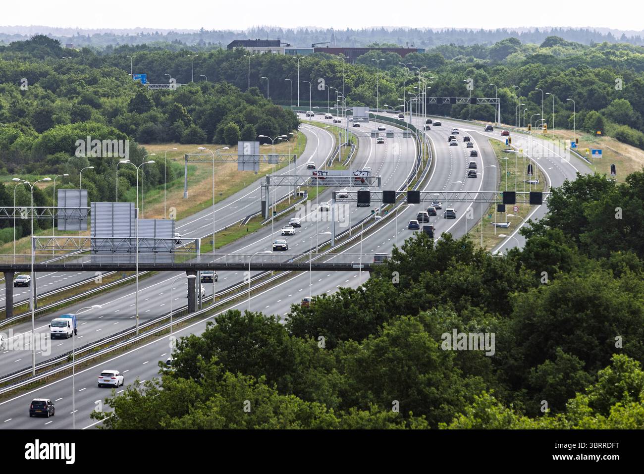 Una veduta rialzata di un'autostrada olandese a più corsie trafficata di auto, che si snoda attraverso estese foreste verdi, mescolando infrastrutture e natura. Utrec Foto Stock