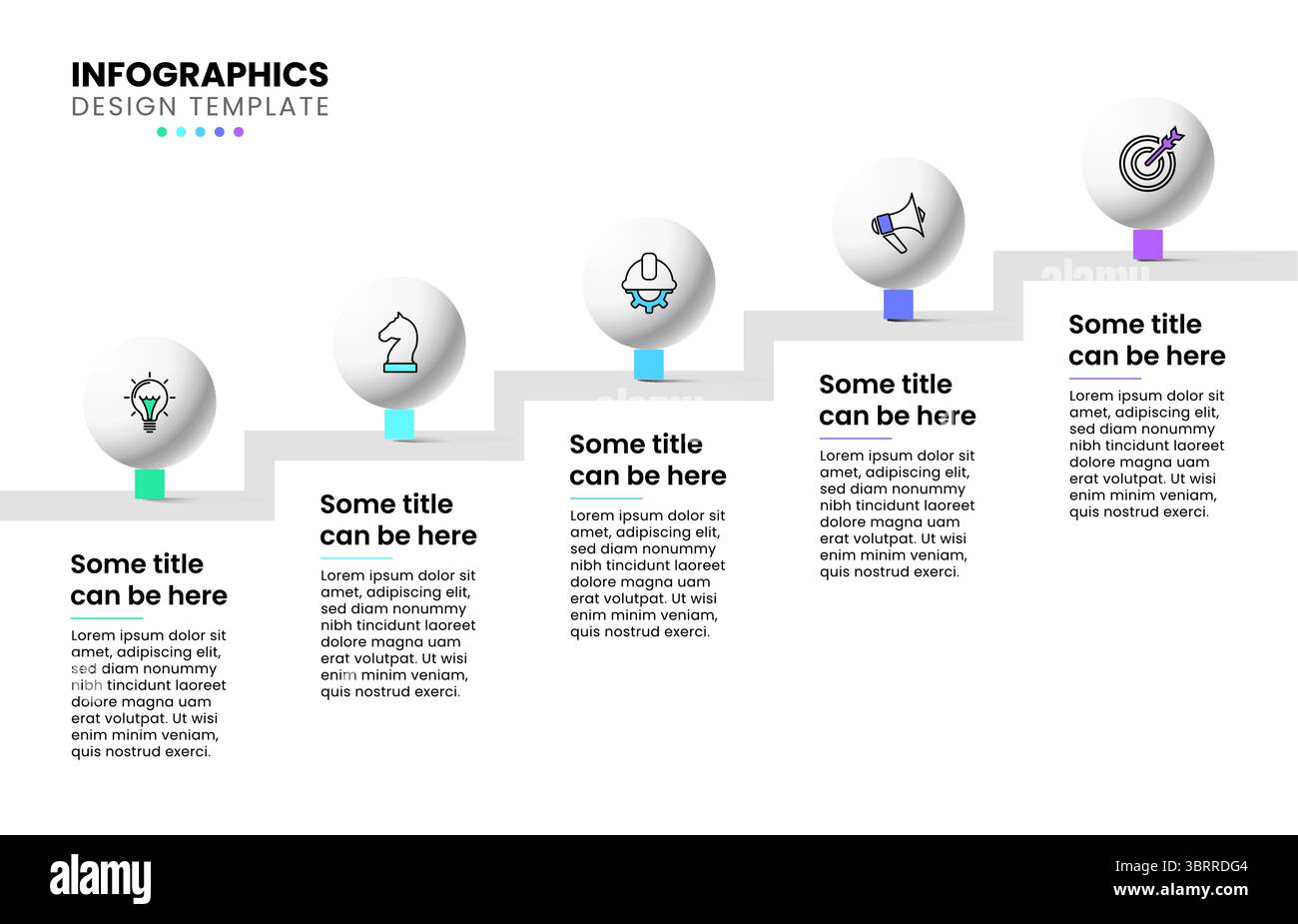 Modello infografico con icone e 5 opzioni o passaggi. Scala. Può essere utilizzato per il layout del flusso di lavoro, il diagramma, il banner, il webdesign. Illustrazione vettoriale Illustrazione Vettoriale