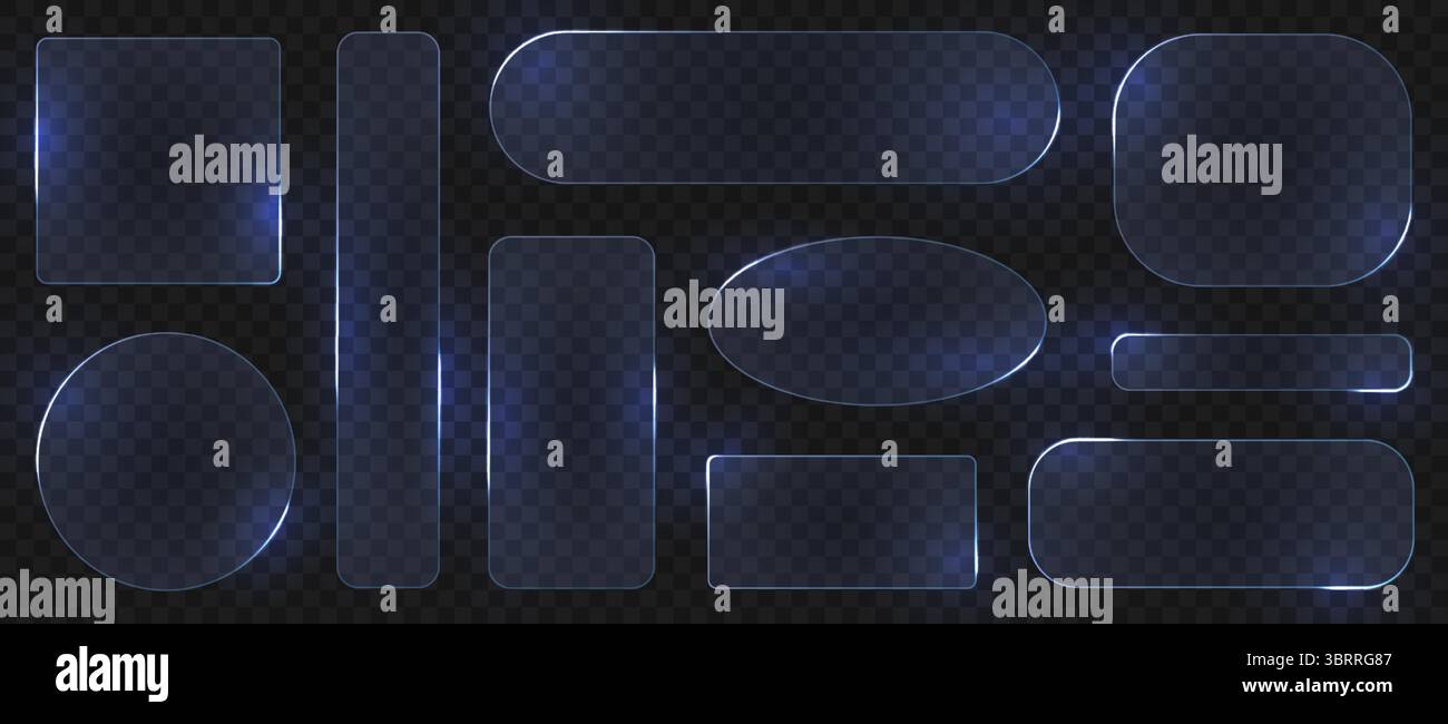 Telaio in vetro. Quadrata, circolare e ovale, piastra in vetro o plastica arrotondata, pannelli trasparenti blu chiaro HUD, interfaccia per app mobile e Web con bordi luminosi. Set isolato vettoriale. Illustrazione Vettoriale Telaio in vetro. Quadrata, circolare e ovale, piastra in vetro o plastica arrotondata, pannelli trasparenti blu chiaro HUD, interfaccia per app mobile e Web con bordi luminosi. Set isolato vettoriale. Illustrazione Vettoriale