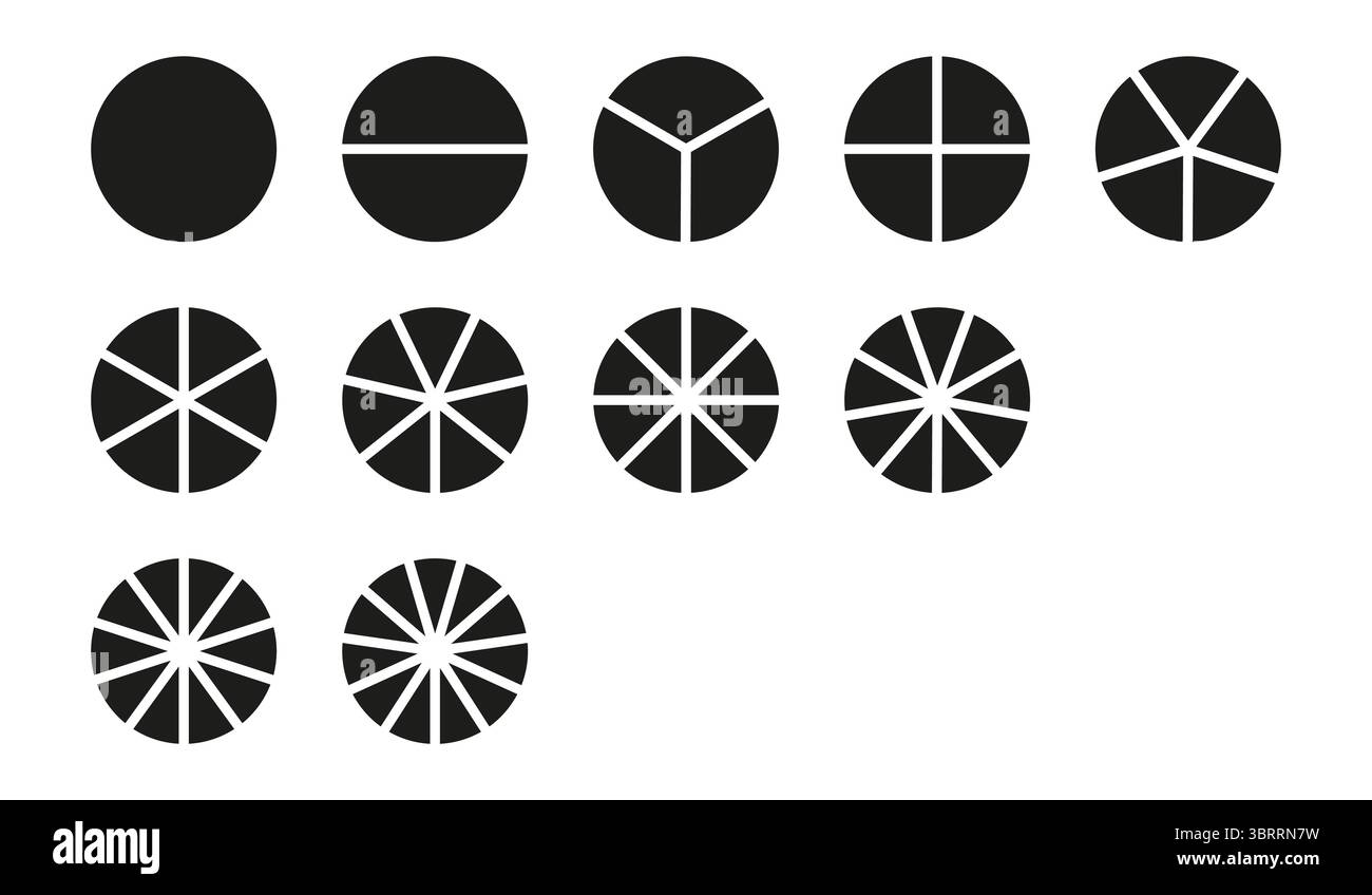 Divisione del cerchio su parti uguali da 1 a 11. Set infografico minimalista. Vuoto coaching. Modelli per grafici a torta e pizza. Schemi rotondi delle ruote divisi con Illustrazione Vettoriale
