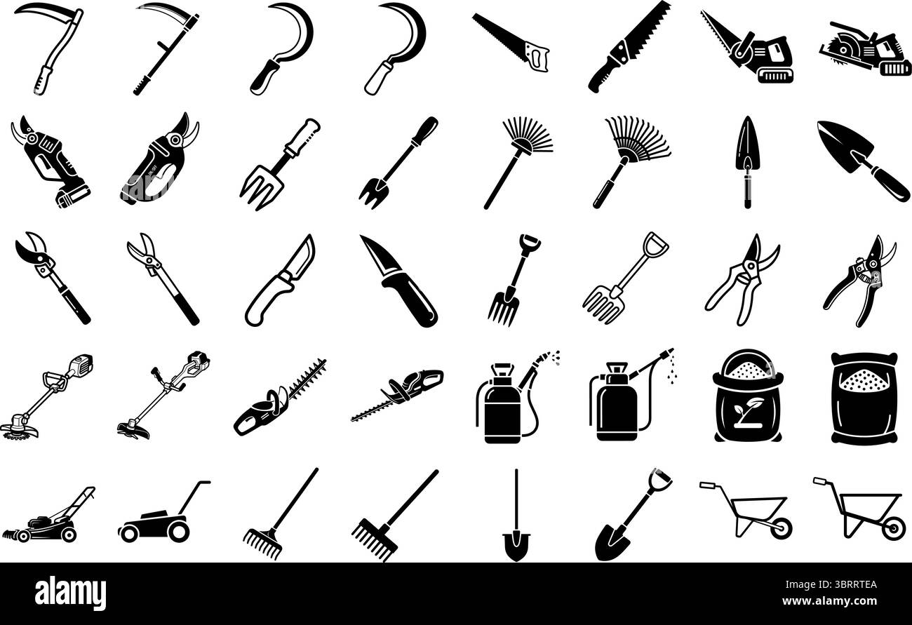 Set di 40 icone di accessori e attrezzi da giardinaggio. Illustrazione Vettoriale