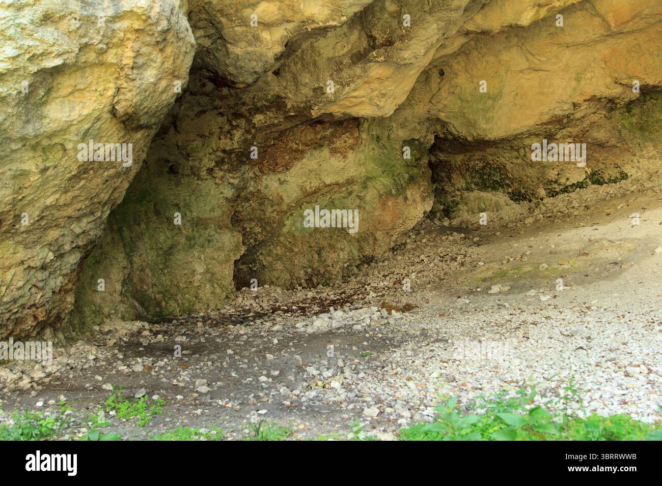 Interno di una grotta di bellezza naturale con texture rocciose a strati in tonalità marrone e verde, catturate con luce naturale, simboleggiano la geologia e la natura Foto Stock