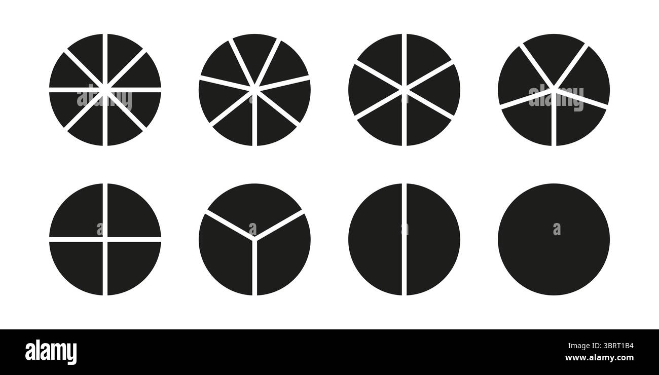 Divisione cerchio su 1, 2, 3, 4, 5, 6, 7, 8 parti uguali. Set di icone infografiche minimaliste. Coaching per il mockup vuoto. Layout grafico a torta e pizza. Ruota Illustrazione Vettoriale