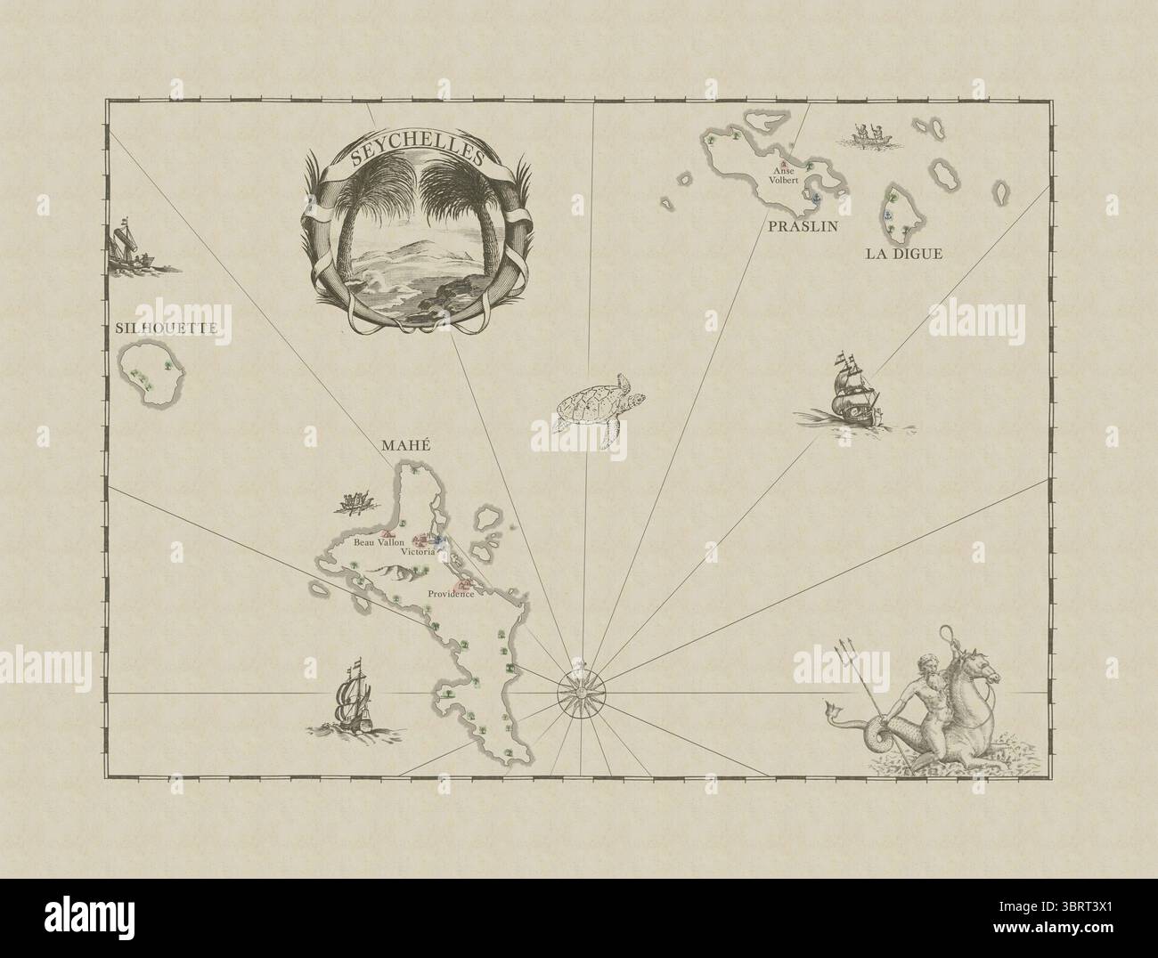 Una vecchia ed elegante mappa illustrata delle isole Seychelles mostra l'arcipelago con simboli decorativi cartografici e icone marittime. Foto Stock