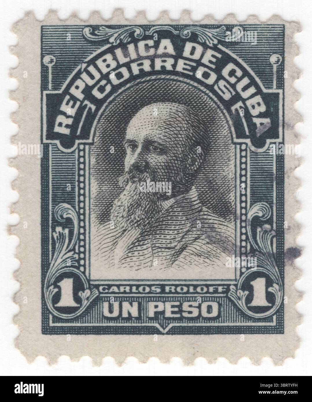 CUBA - 1910 febbraio 1: 1 peso ardesia e francobollo nero raffigurante il ritratto di Karol Rolow-Miałowski o Carlos Roloff Mialofsky, meglio conosciuto semplicemente come Carlos Roloff. Fu un generale cubano di nascita polacca e attivista per la liberazione, che combatté contro la Spagna nella Guerra dei dieci anni e nella Guerra d'indipendenza cubana nella provincia di Las Villas Foto Stock